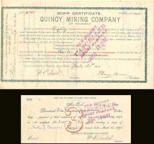Quincy Mining Co. of Michigan - Scrip Certificate